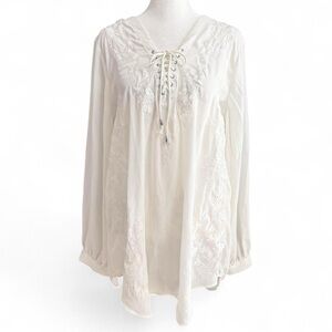 Denim 24/7 Boho Flowy White Embroidered Blouse Size 14 Lace Up Top
